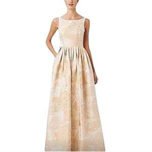 Adrianna Papell gold Rosette Gown with pockets floor lenght full skirt